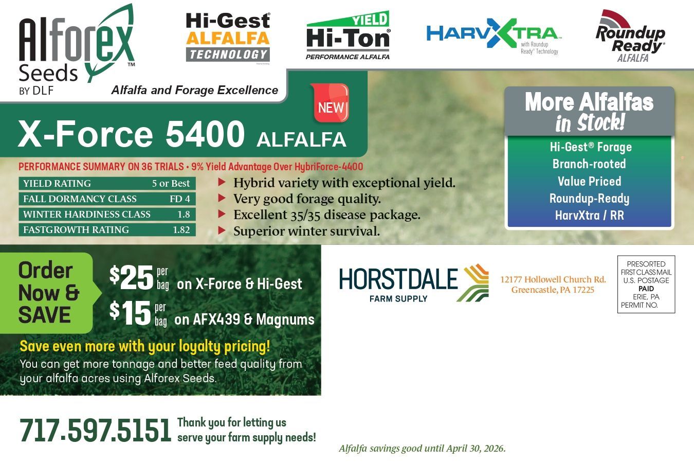 Ad for Horstdale Farm Supply: Harvest savings on twine and plastics by Feb 20. Shows a hay baler, price lists, and logo.