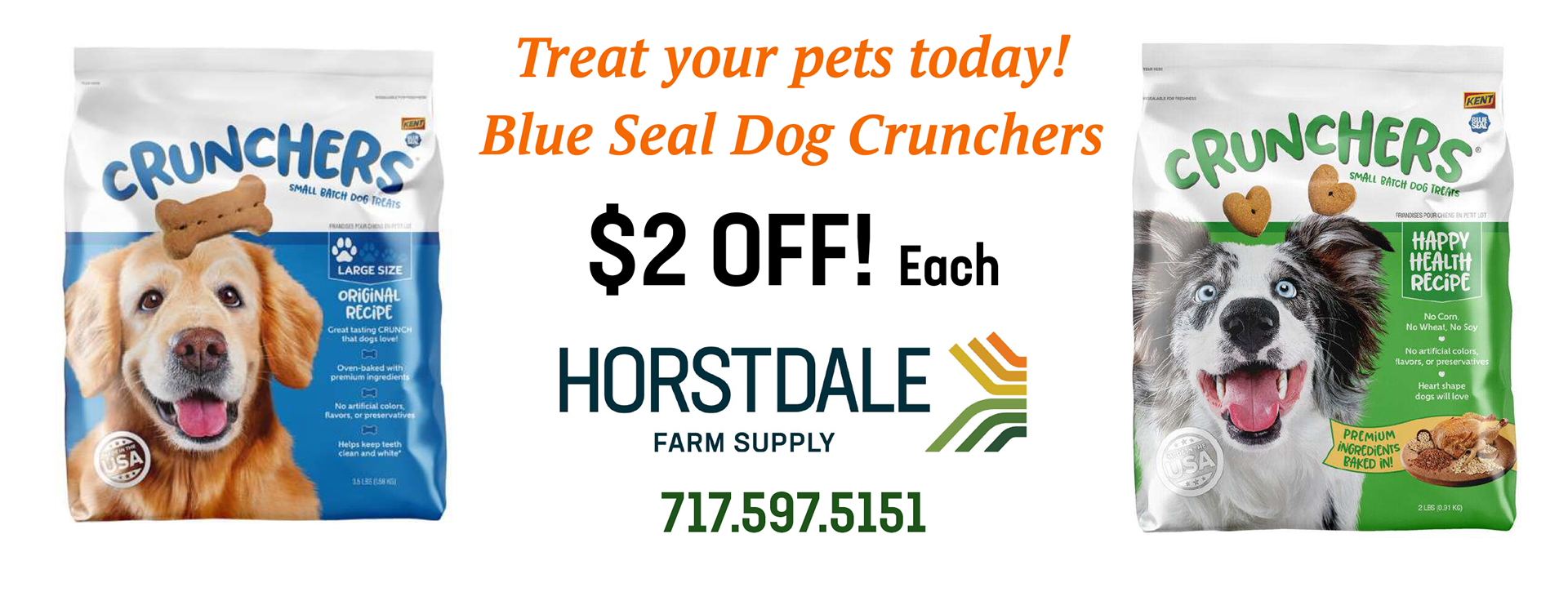 Blue Seal Crunchers dog food ad with a $2 off coupon at Horstdale Farm and Garden Center.