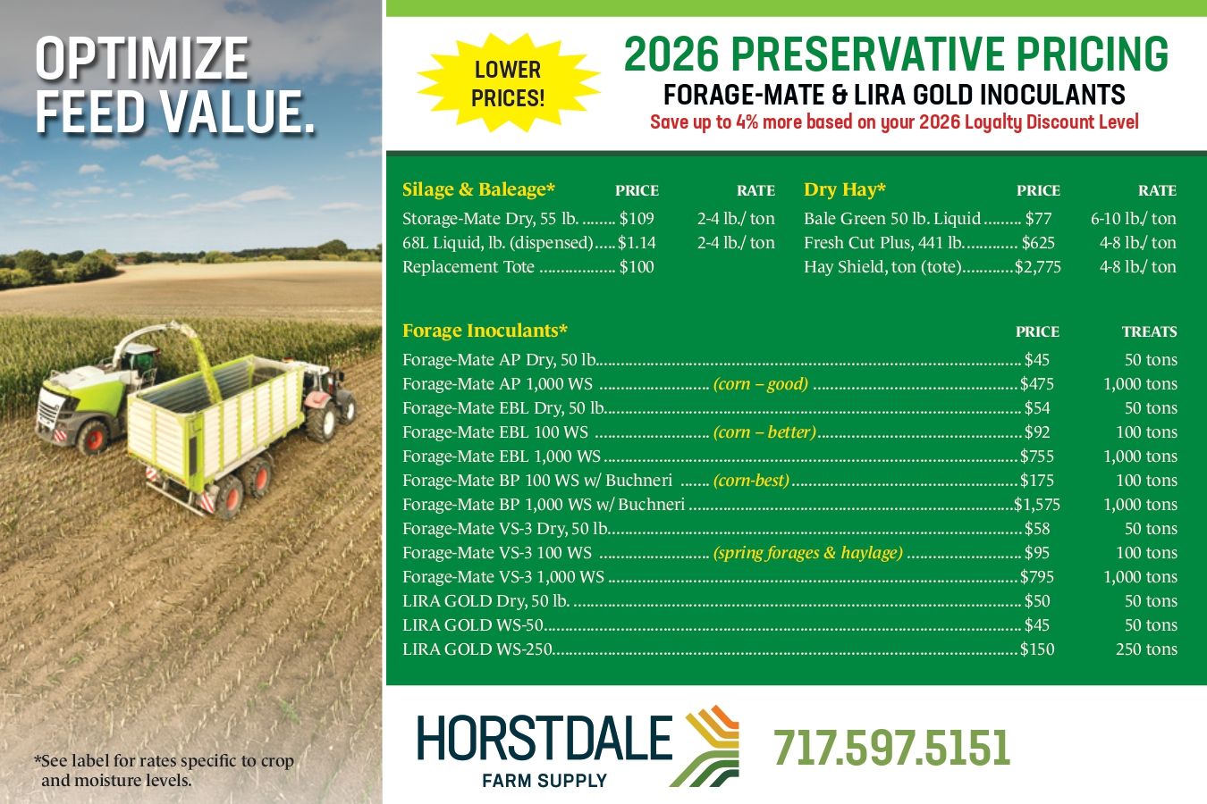 A Horstdale flyer lists 2026 pricing for forage inoculants alongside a field photo of a tractor harvesting crops.