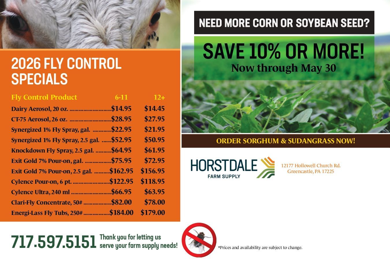Horstdale Farm Supply flyer featuring 2026 fly control product pricing and a 10% discount on corn and soybean seed.