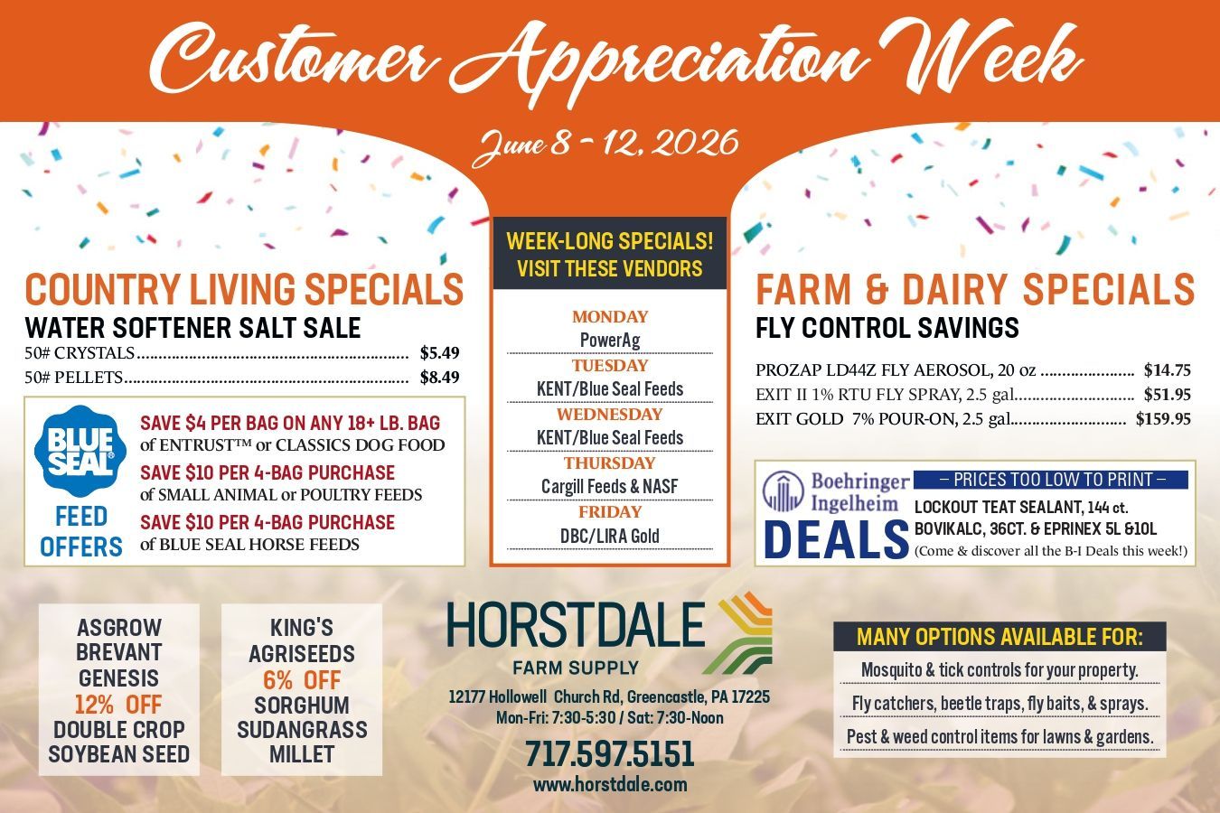 Customer Appreciation Week flyer with orange header, sale details, and dealership logo on a tan background