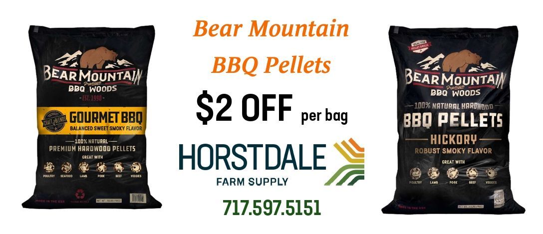 Bear Mountain BBQ pellets ad with $2 off per bag at Horstdale and phone number