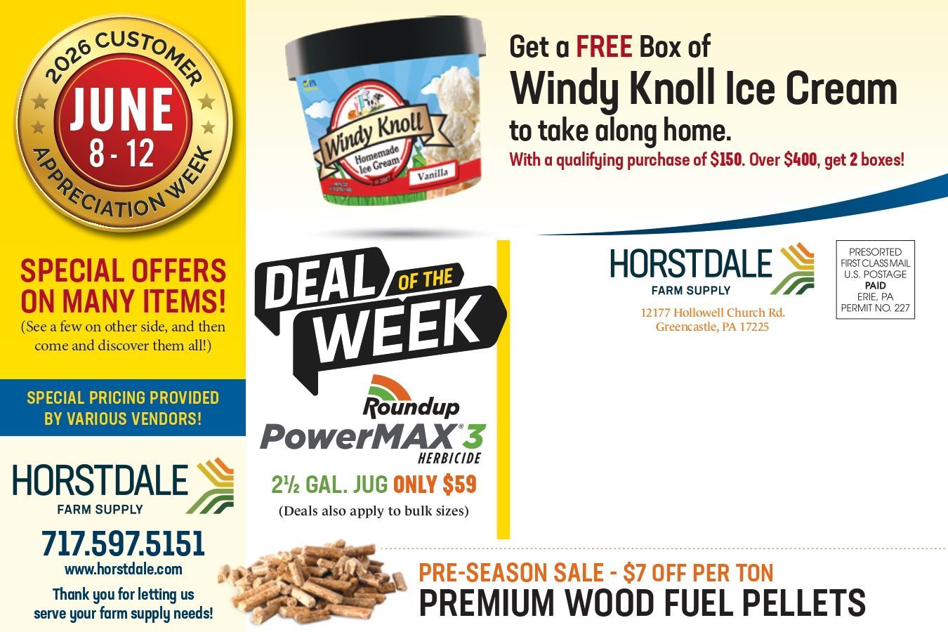A collage of local ads and sale offers, including ice cream, powerMAX, and wood fuel pellets