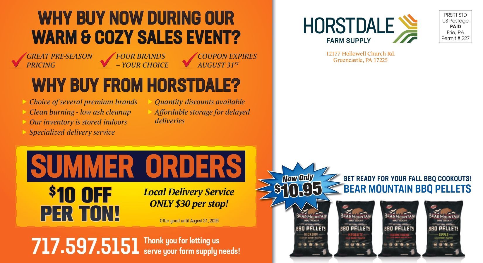 Horstdale summer sale flyer with dog food bags, $10 off pet orders, and a phone number to call.