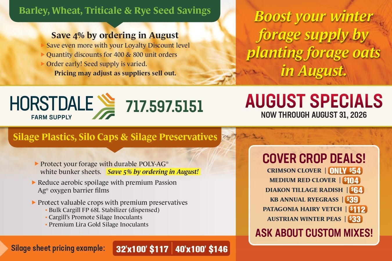 Horse feed store flyer with August specials, forage tips, and cover crop deals in green and tan.
