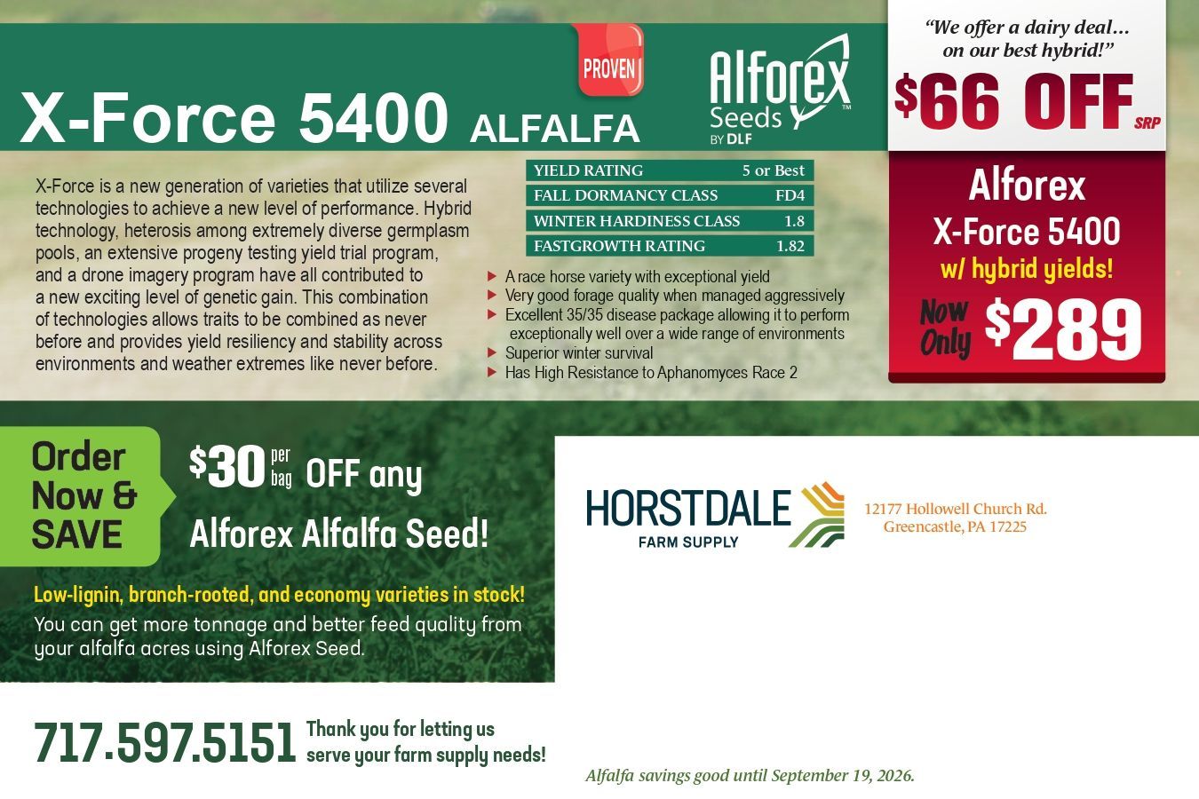 Ad for Horstdale Farm Supply: Harvest savings on twine and plastics by Feb 20. Shows a hay baler, price lists, and logo.
