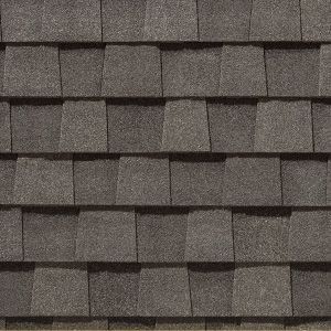 Dark gray asphalt roof shingles.