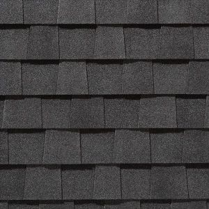 Dark gray asphalt roofing shingles.