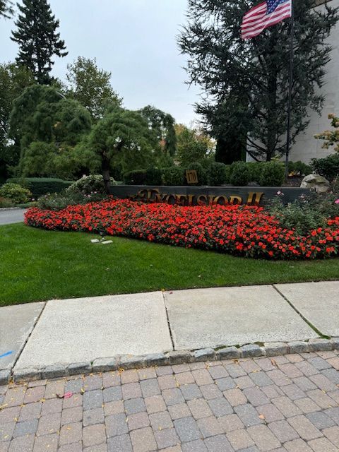 An american flag is flying in front of a lush green lawn
