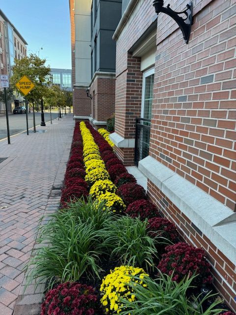 A brick building with flowers in front of it
