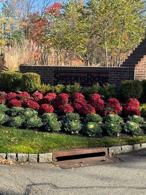 A sign for stepping ridge is surrounded by flowers and bushes.