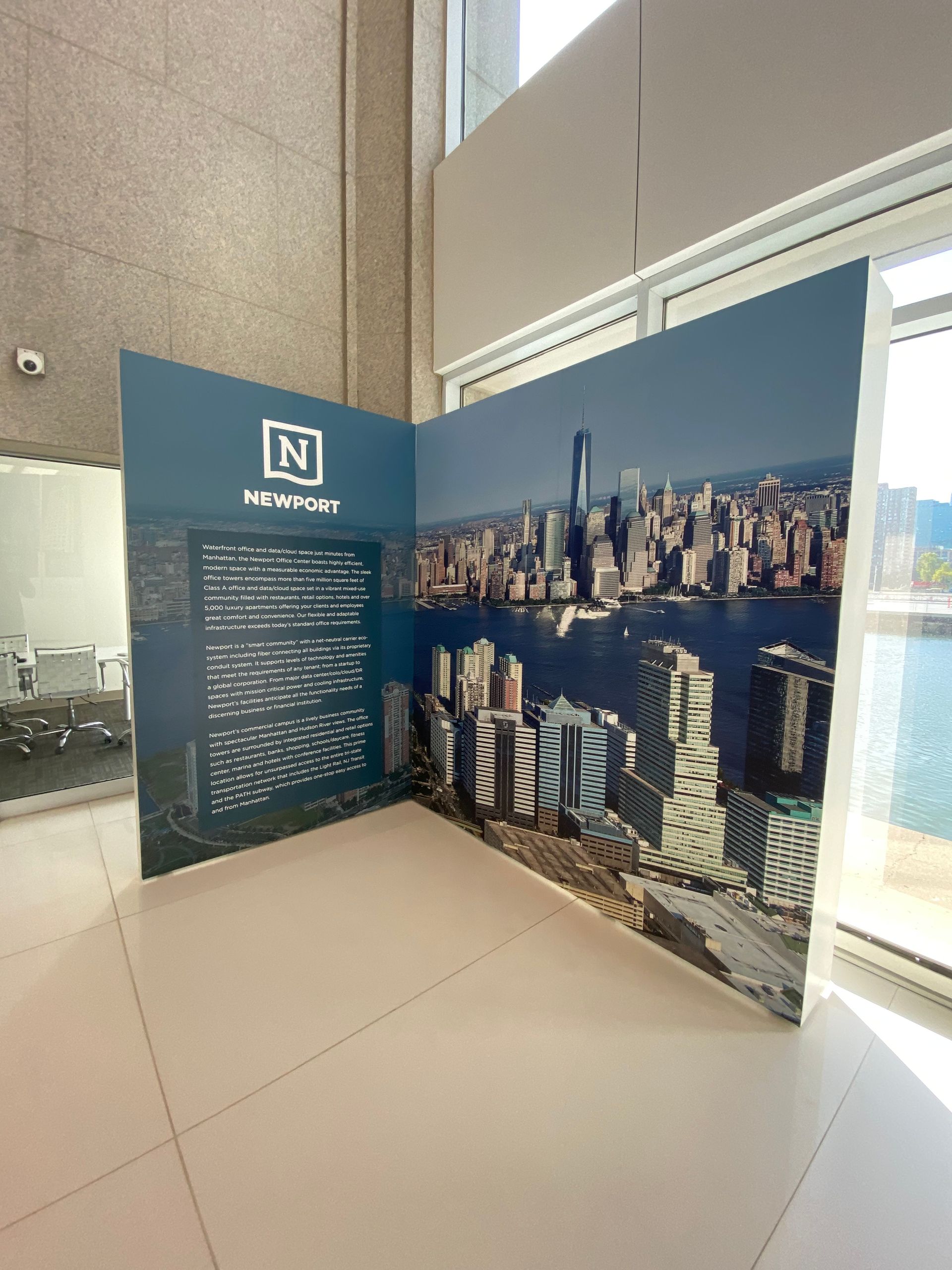 A wall with a picture of a city skyline on it.