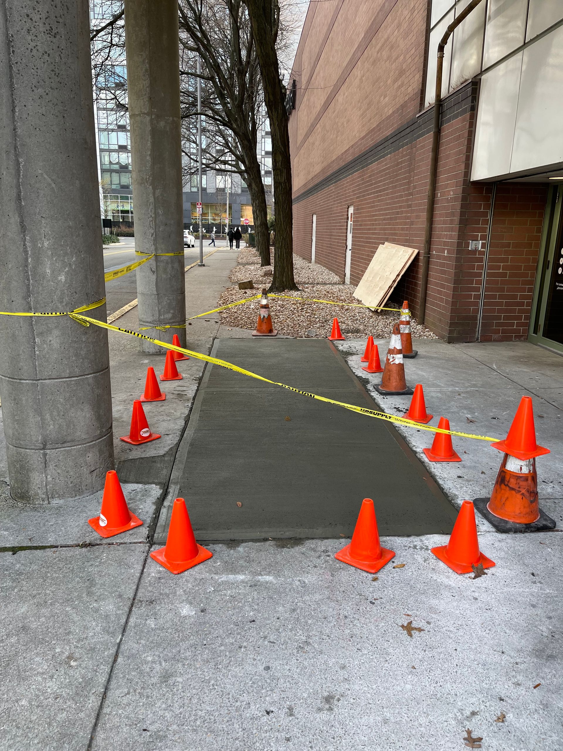 A row of orange traffic cones are lined up on a sidewalk