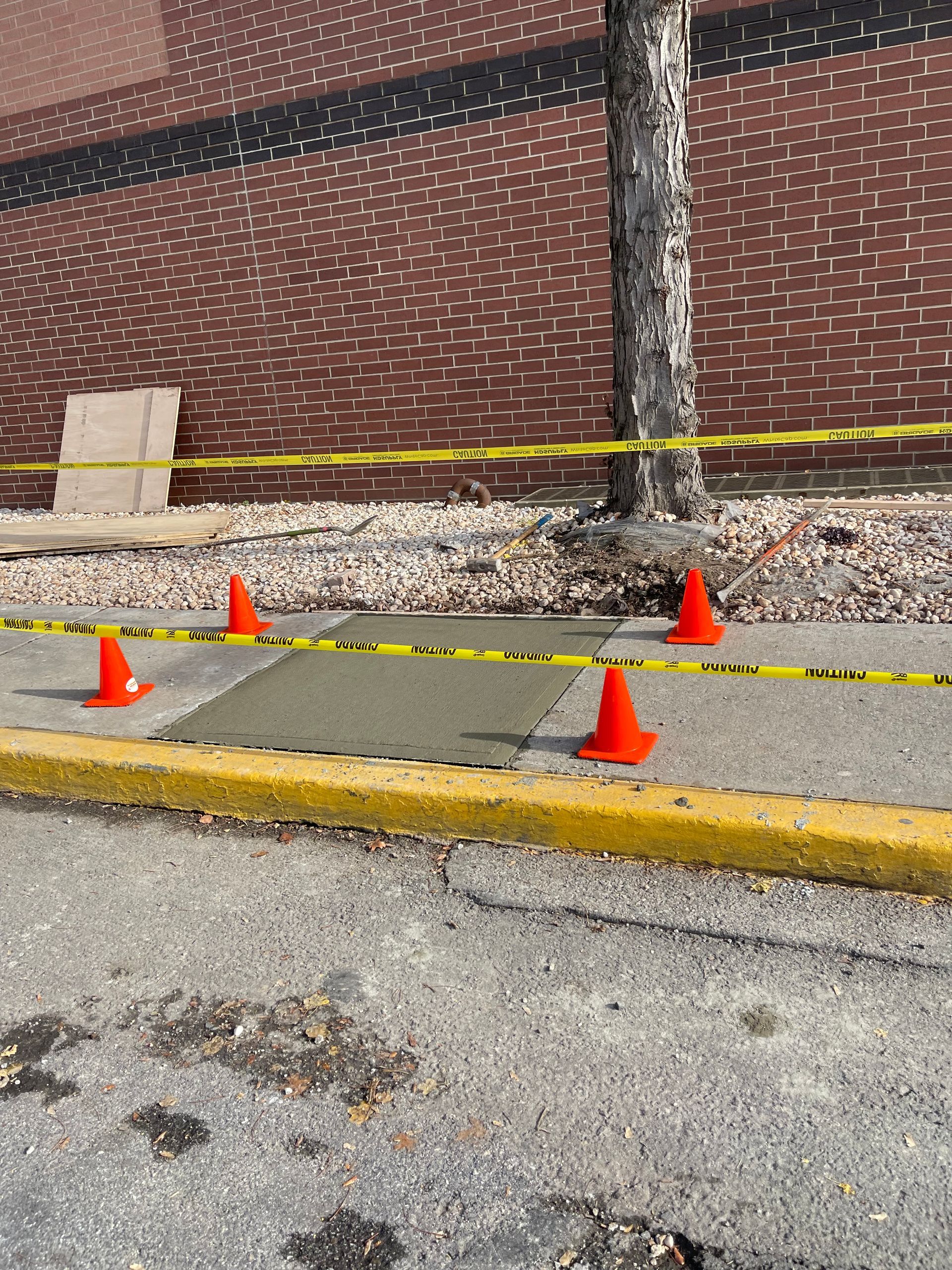 A row of orange cones are lined up on the sidewalk