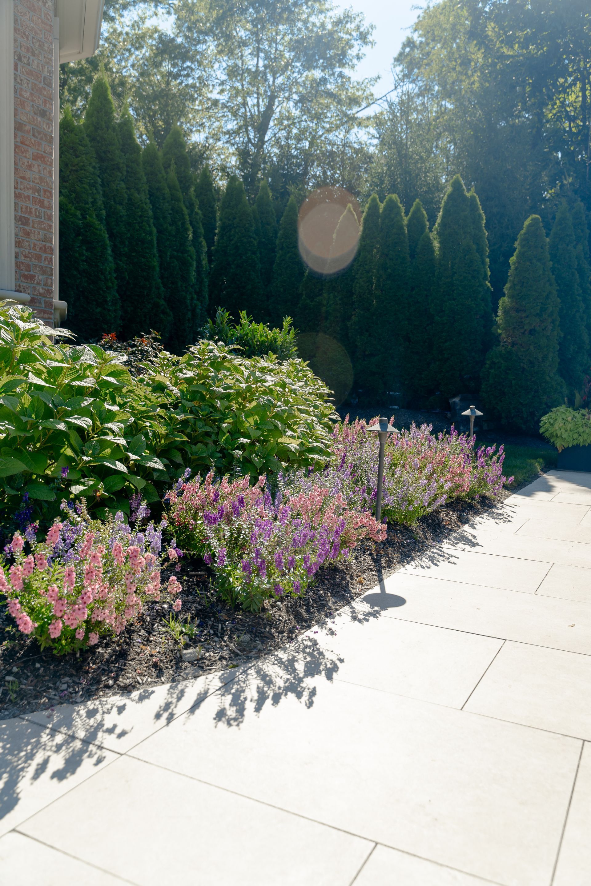 A patio with flowers and trees in front of a house.