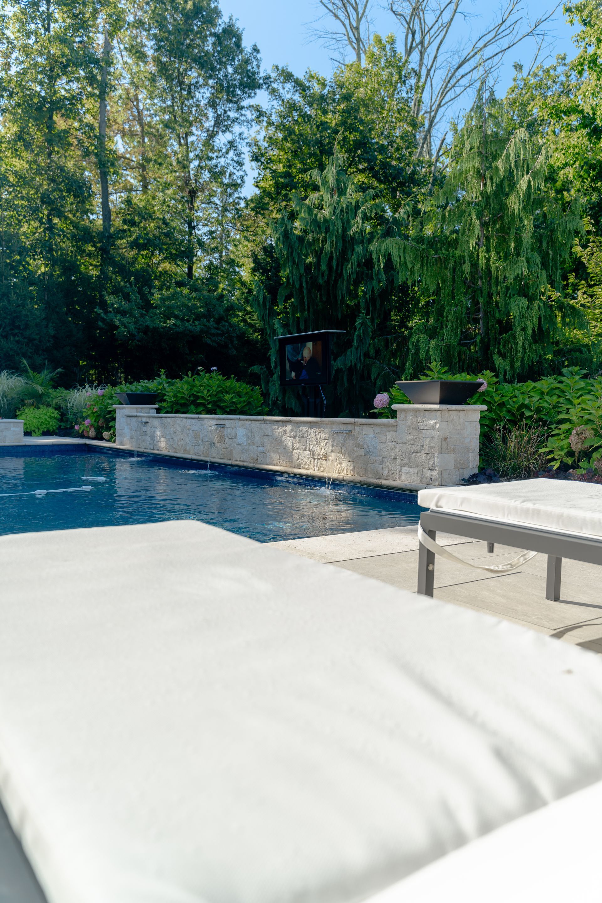 A swimming pool is surrounded by trees and a white couch.