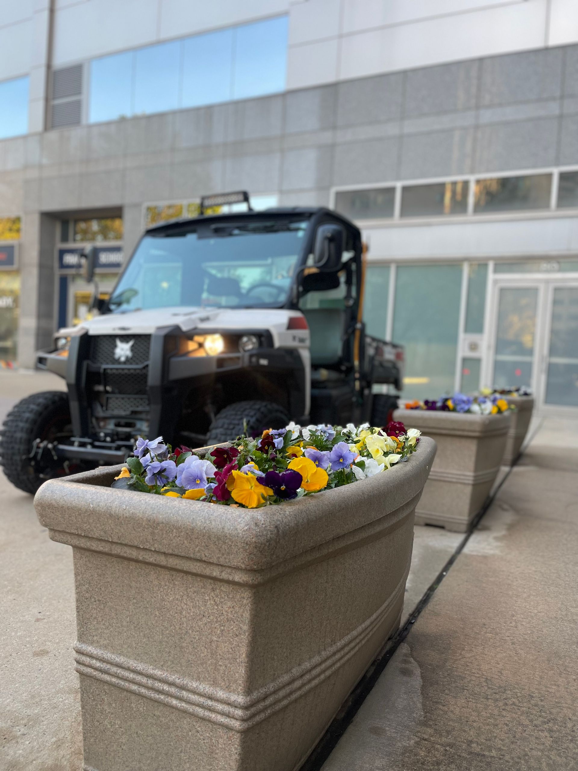 A truck is parked next to a planter filled with flowers