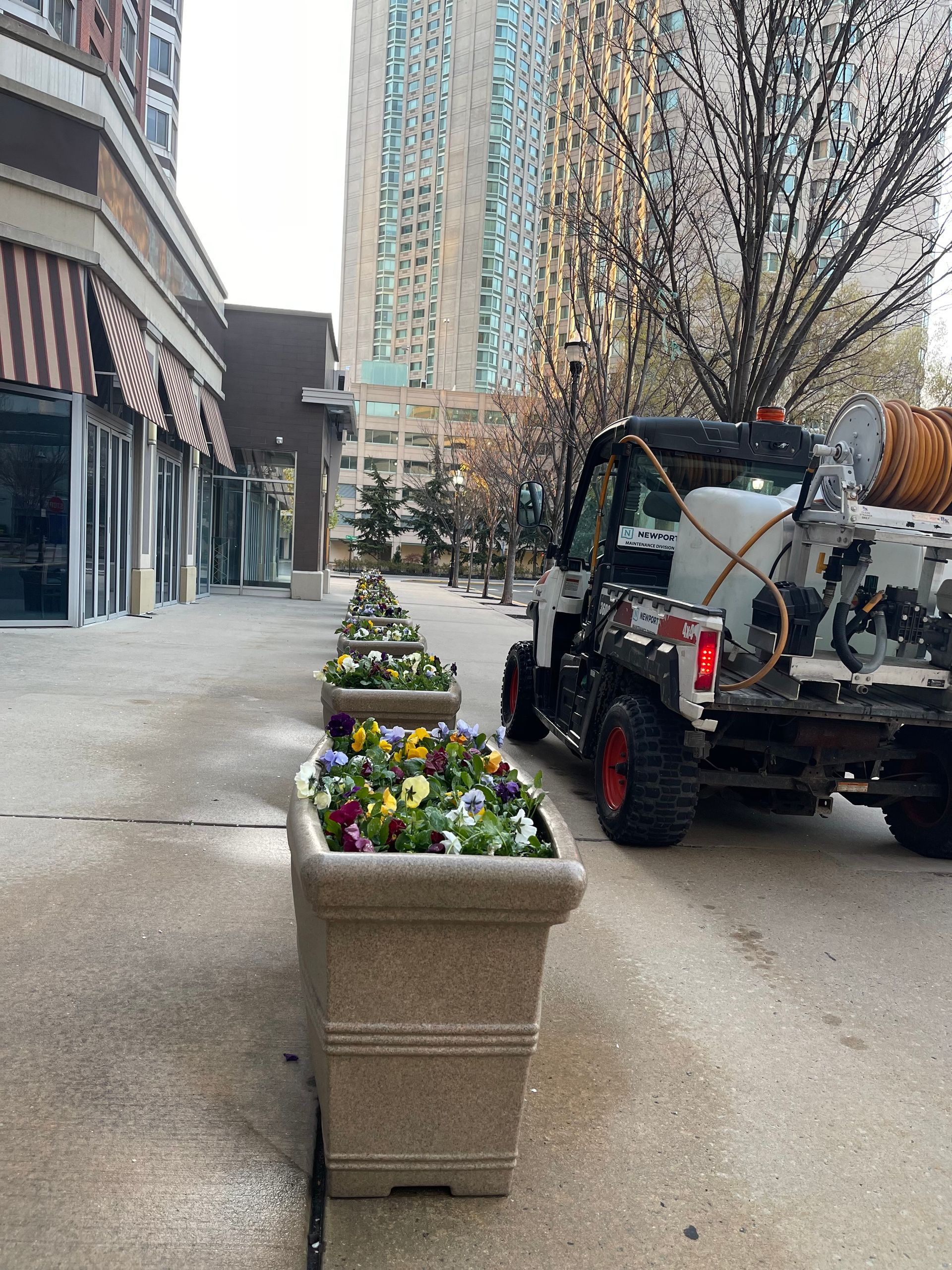 A row of planters are lined up on the sidewalk next to a vehicle.