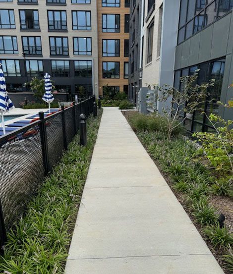 A walkway leading to a building with umbrellas on the side