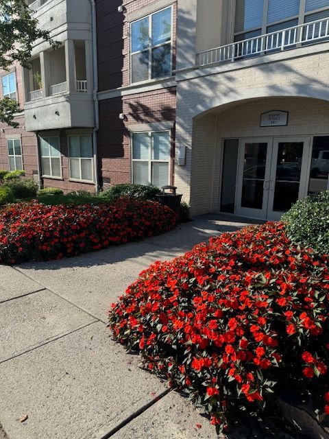 A building with red flowers in front of it