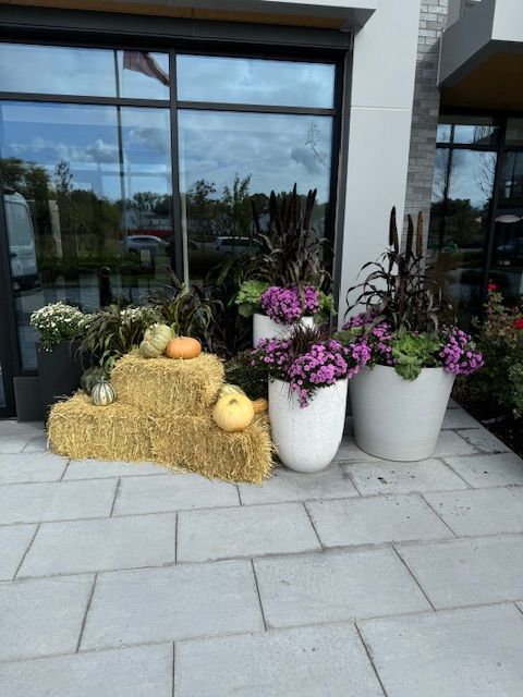 A patio with a bunch of potted plants and hay bales