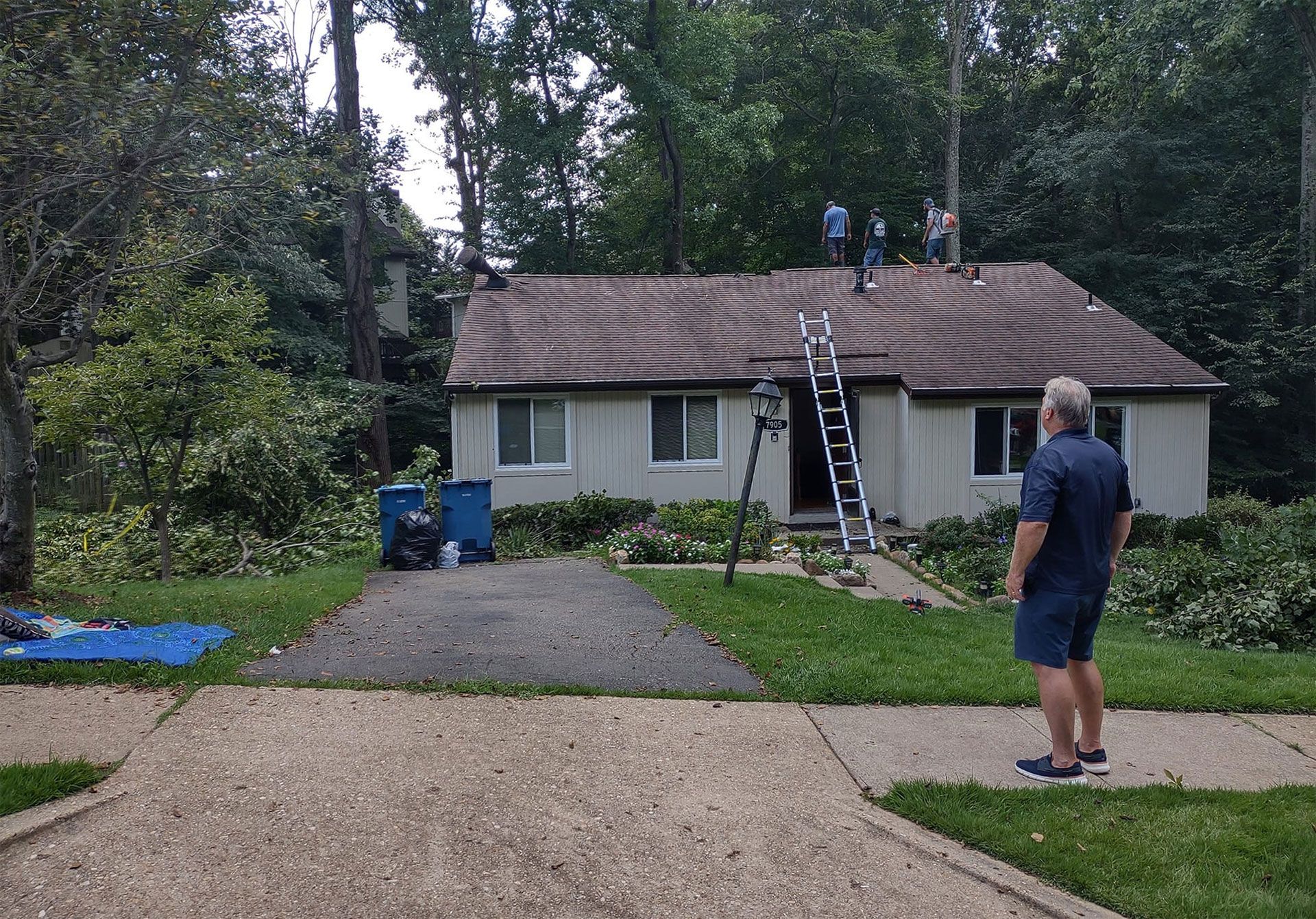 Workers on a roof using a ladder outside a small house in a wooded yard.