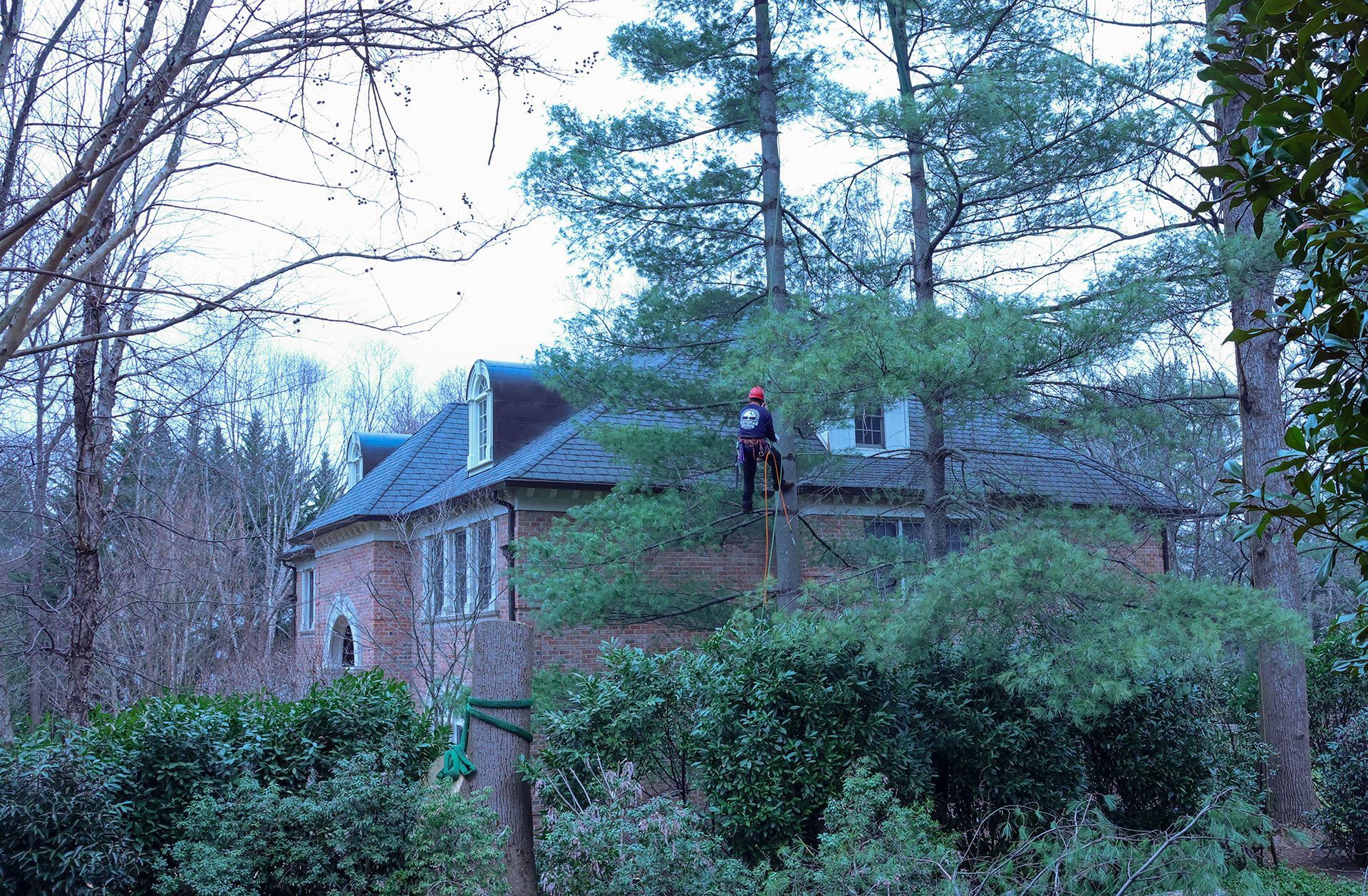 Brick house in a wooded yard, with a person standing on the roof near a chimney.