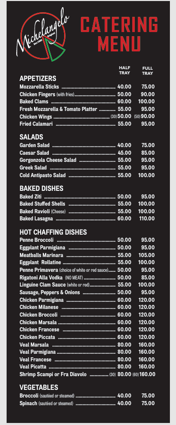 Michelangelo Pizzeria Cucina Catering Menu
