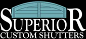 Superior Custom Shutters logo with a teal window-shutter icon on a black background