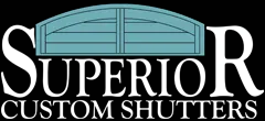 Superior Custom Shutters logo with a teal window-shutter icon on a black background