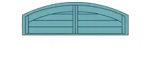 Blue arched window with divided panes and a centered vertical frame