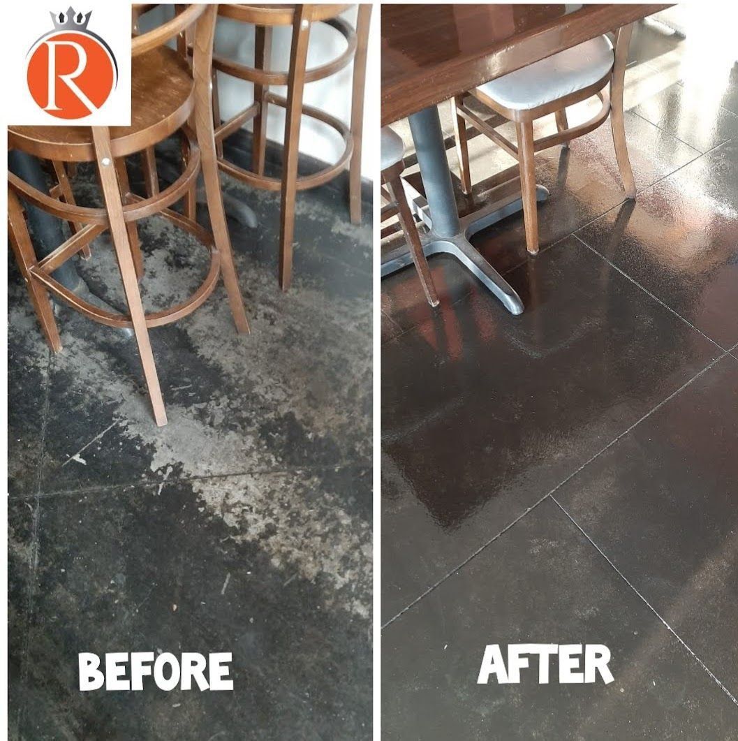 Comparison: Before shows dirty floor under chairs; After shows cleaned, shiny floor under table.