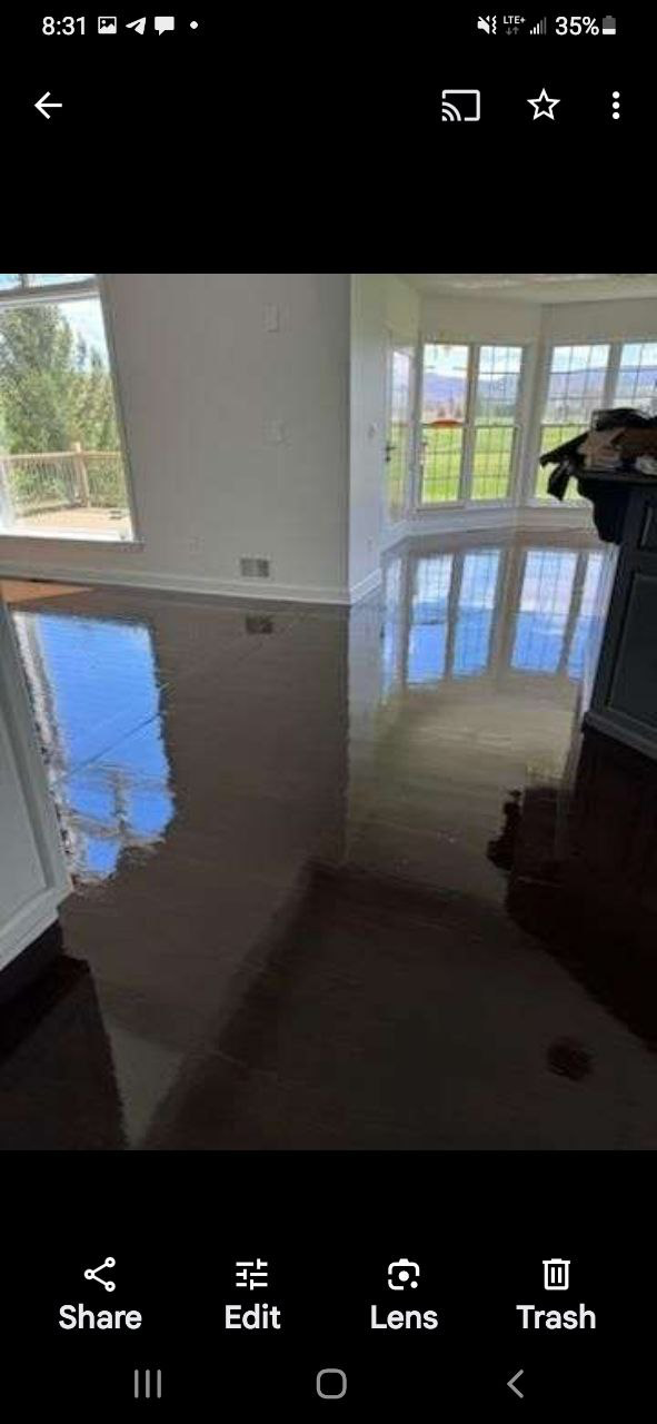 A room with shiny, brown flooring. Natural light streams through windows, reflecting on the floor.