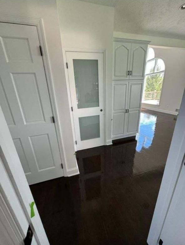 Hallway with white doors and cabinetry, dark wooden floor, and frosted glass door.
