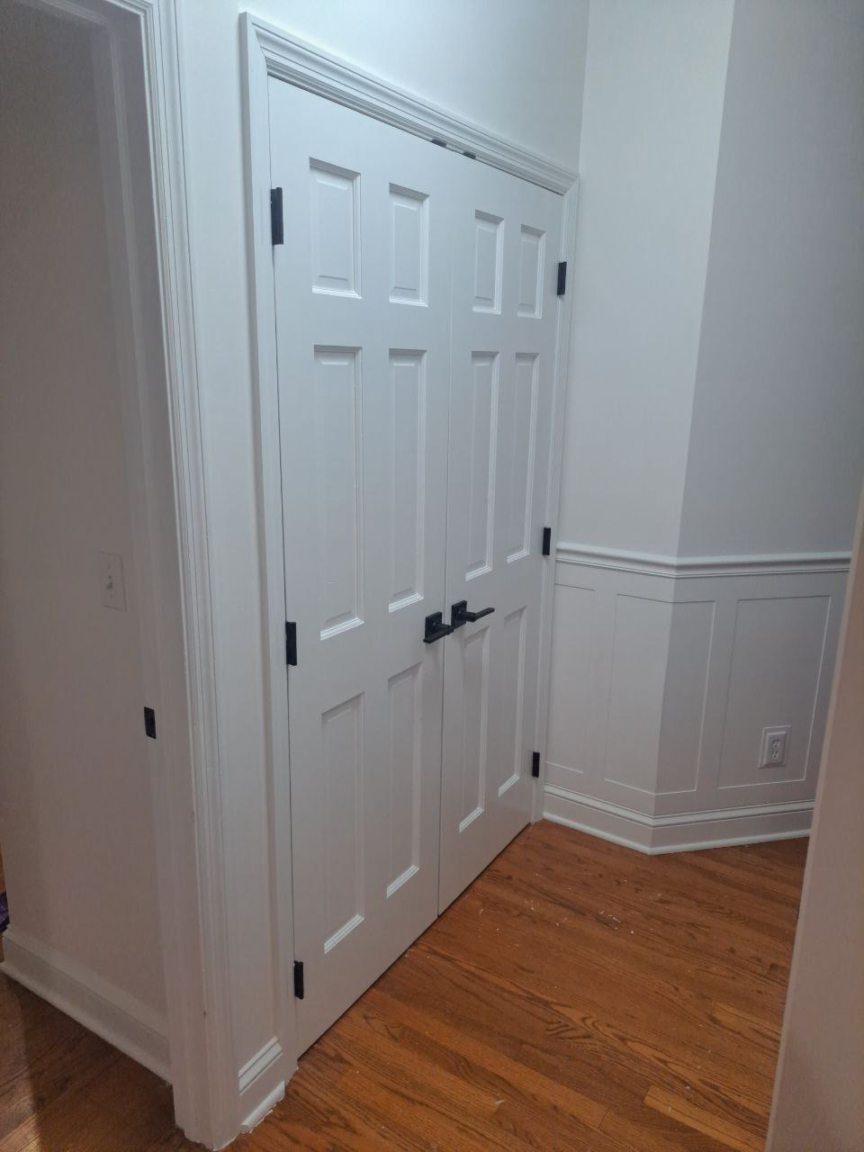White double doors with black hardware in a hallway with wood flooring and wainscoting.