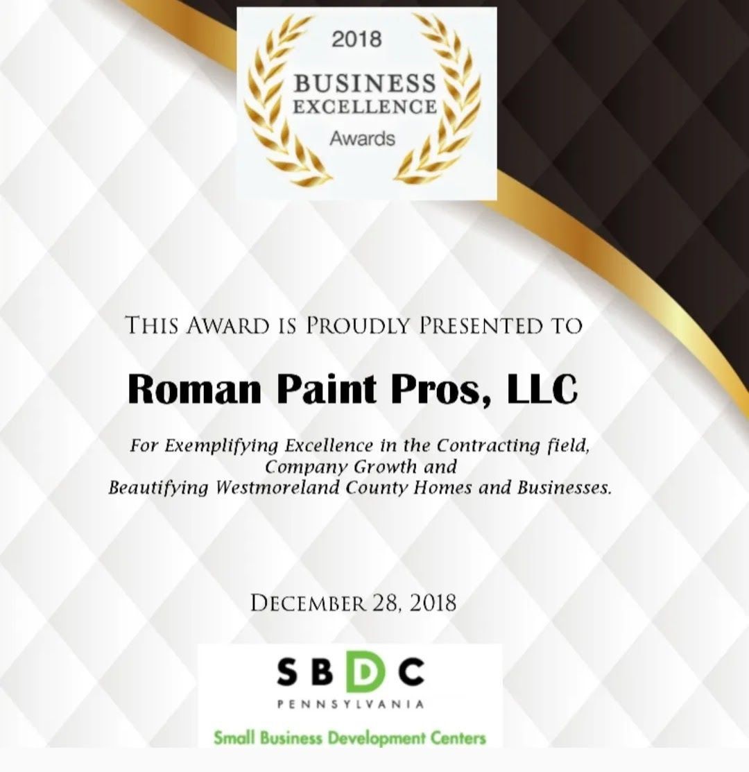 Award certificate for Roman Paint Pros, LLC. Awarded for excellence in contracting. Contains SBDC Pennsylvania logo.