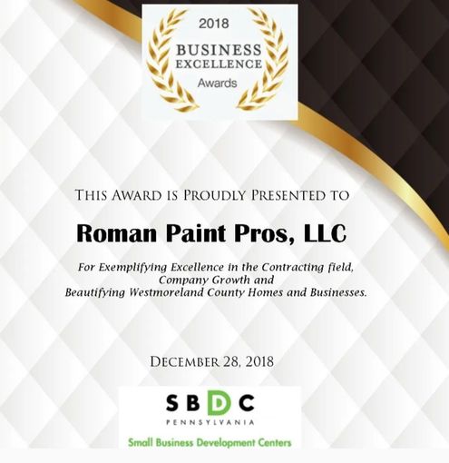 Award certificate for Roman Paint Pros, LLC.  Awarded for excellence in contracting. Contains SBDC Pennsylvania logo.