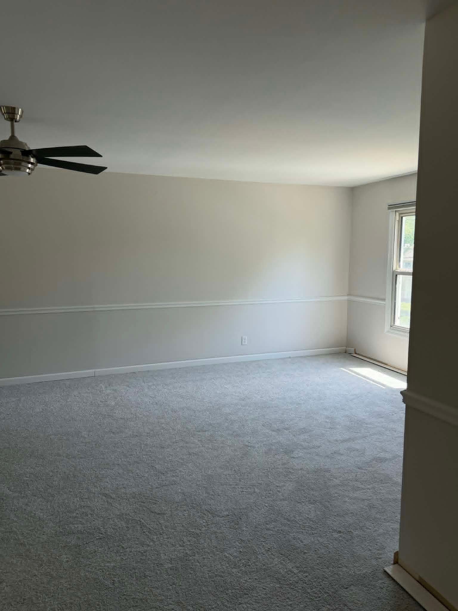 Empty carpeted living room with gray walls, ceiling fan, and sunlight from a window.