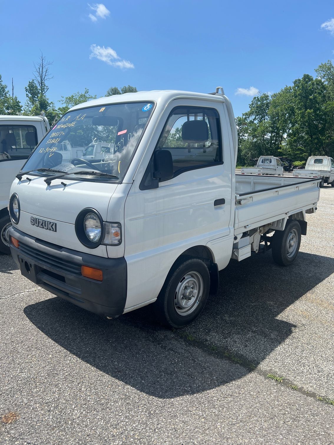 A white truck is parked in a parking lot