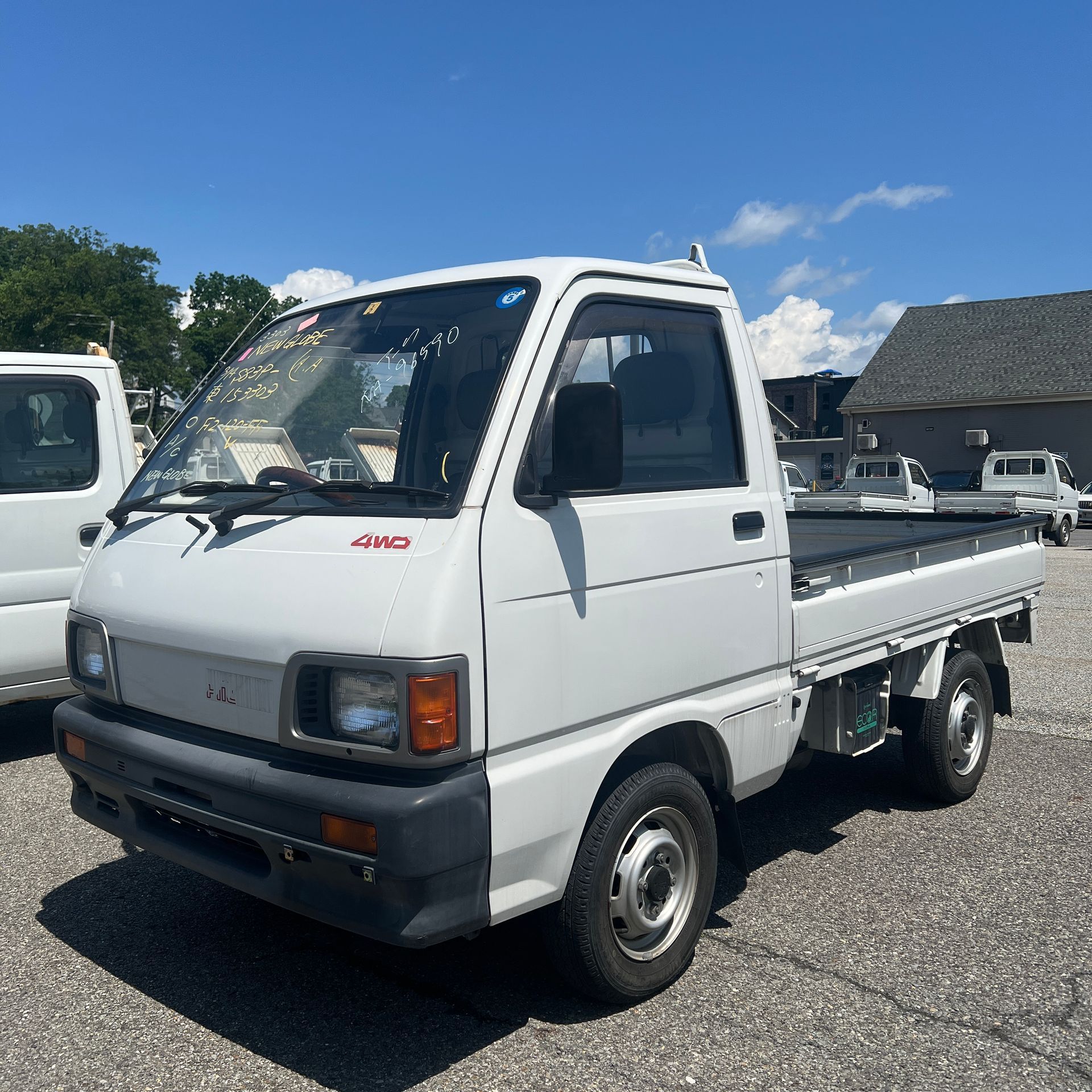 A white truck is parked in a parking lot