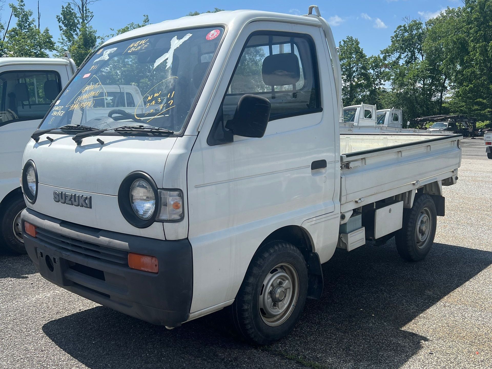 A white truck is parked in a parking lot.