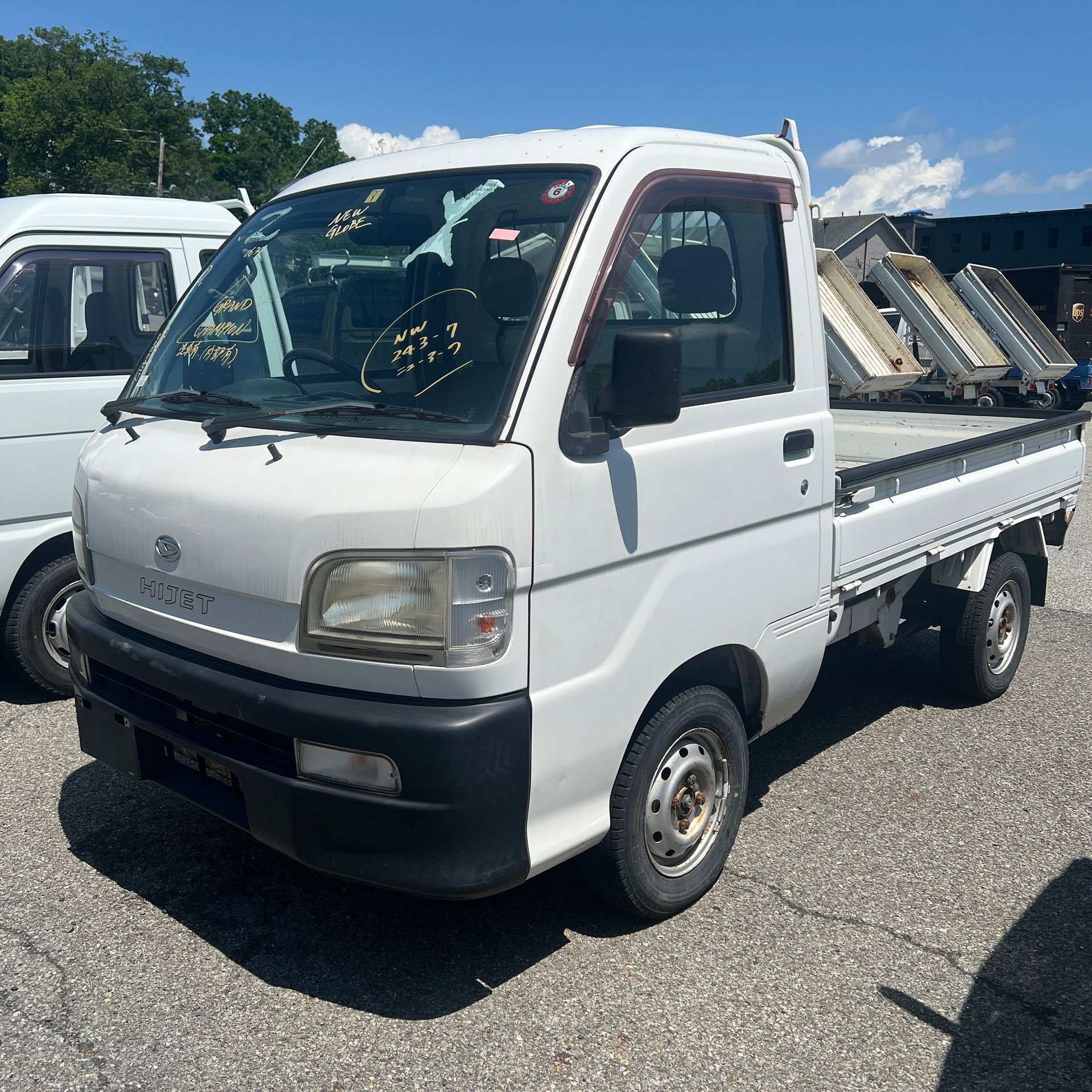 A white truck is parked in a parking lot.