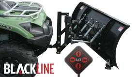 Green ATV with snowplow attachment and control panel.