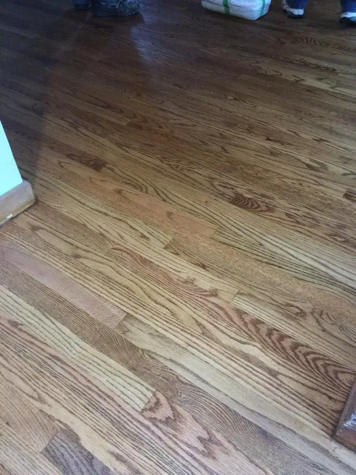 A high-angle view of newly finished hardwood flooring with prominent wood grain patterns and a glossy, warm brown stain.