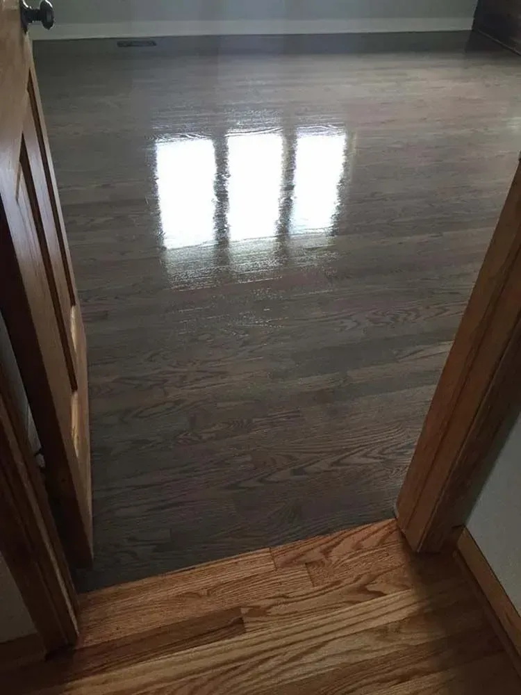 A view through a doorway into a room with dark, glossy hardwood floors and a bright reflection of a window.