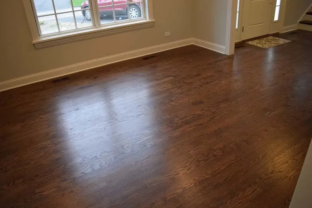 A view of a room with polished dark hardwood floors, a large multi-pane window on the left, and an entryway on the right.