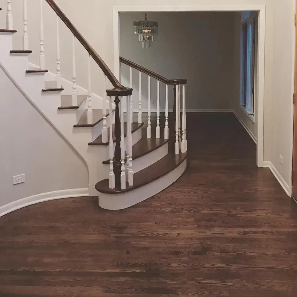 A curved staircase with dark wood treads and white railings stands in a foyer with dark hardwood floors.