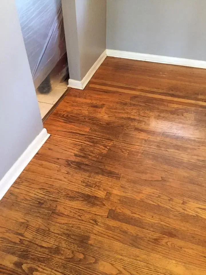 A view of medium-tone hardwood flooring in a room with light blue walls and white trim, transitioning to tiled flooring.