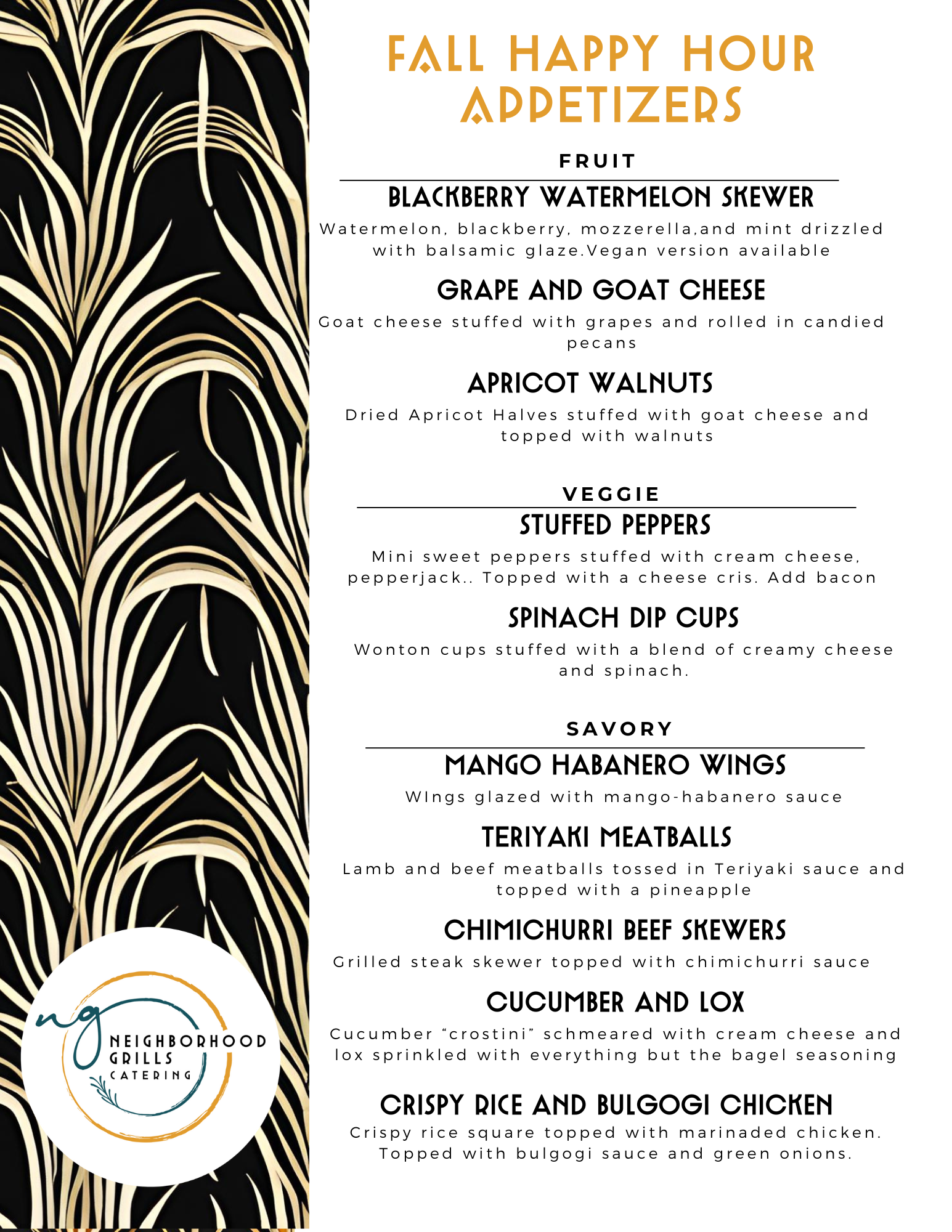 Fall Happy Hour appetizer menu featuring fruit & savory dishes.