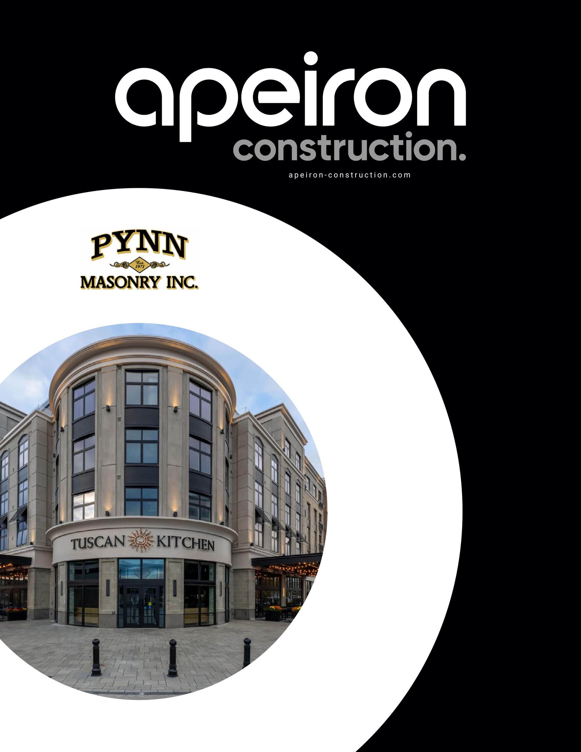 Apeiron Construction promotional image with a building facade and logos for Apeiron and Pynn Masonry.
